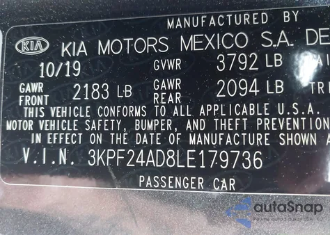 2020 Kia Forte Lxs из США, поврежденный, VIN 3KPF24AD8LE179736